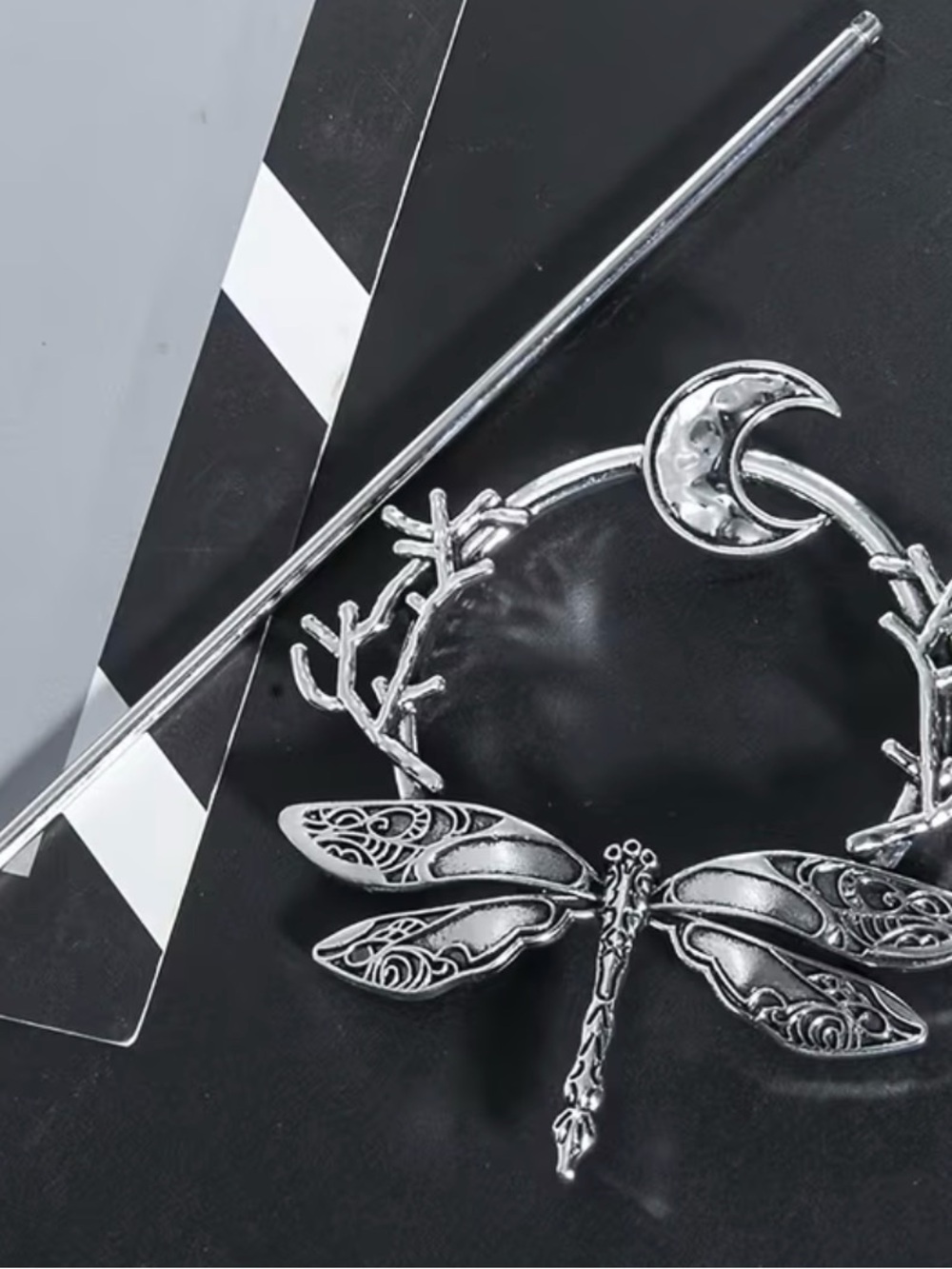 Silver Dragonfly Moon Hairpin Clip